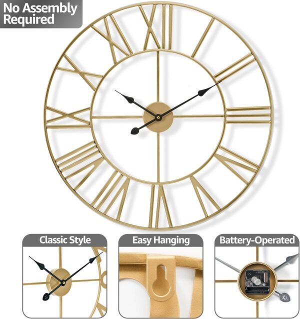 Large Wall Clock for Living Room Decor, (40CM) 16 Inch Wall Clock Decorative, Metal Analog Roman Numeral Wall Clock Modern Wall Clocks - Large Clock Home Decor (Gold)