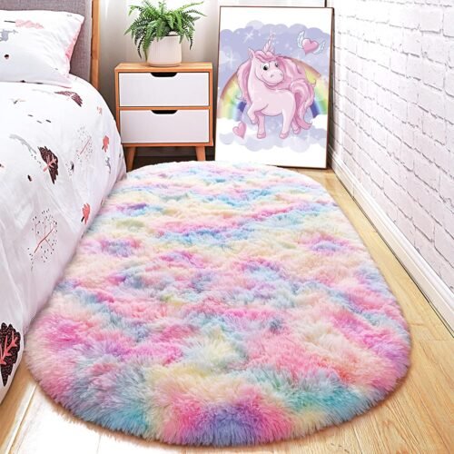 819aWQvfTSL._AC_SL1500.jpg Fluffy Oval Rug for Bedroom Soft Rainbow Area Rugs for Girls Room, Shaggy Colorful Rug for Kids Room, Plush Bedside Carpet for Teen Dorm Baby Nursery Home Decor, 2.6 x 5.3ft Tie-Dye Rainbow