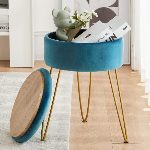 Velvet Vanity Stool Chair for Makeup Room, Beige Round Storage Ottoman, Stool for Vanity with Gold Legs, 19” Vanity Chair, Ottoman Makeup Vanity Stool Chair for Vanity, Living Room,Bedroom