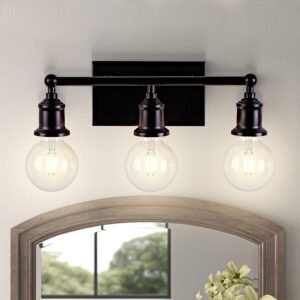 3-Light Vanity Light Fixture, Industrial Black Wall Sconce Lighting Fixture, Farmhouse Vanity Wall Lights Over Mirror, E26 Base Indoor Wall Lamp for Bathroom (Bulb Not Included)