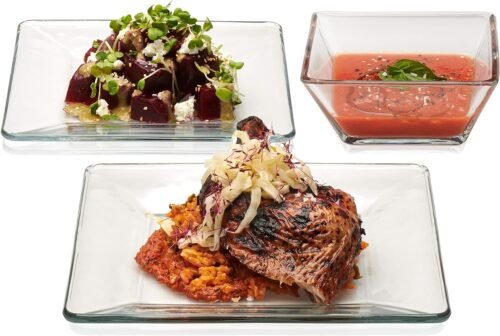 Glass Dinnerware Set, Sleek Square Clear Glass Plates and Bowls Set of 12, Dishwasher Safe Glass Dishes Set for Dinners and Parties