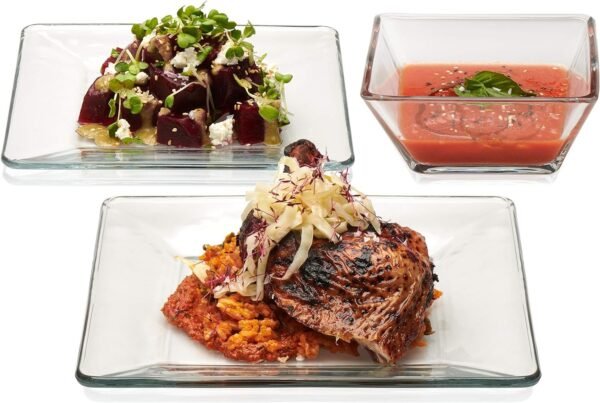 Glass Dinnerware Set, Sleek Square Clear Glass Plates and Bowls Set of 12, Dishwasher Safe Glass Dishes Set for Dinners and Parties