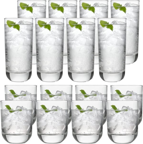 16-Piece Tumblers and Rocks Glass Set, Drinkware Glasses Set of 15.2 Oz Tumbler & 11.1 Oz Rock Glasses, Clear Drinking Glasses Set of 16