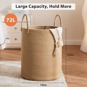 81Eaxc9ZW0L._AC_SL1500.jpg 72L Large Woven Laundry Hamper, Tall Cotton Rope Storage Basket, Jute Baby Nursery Hamper for Blankets, Toys and Clothes in Bedroom and Living Room Organizing, Jute