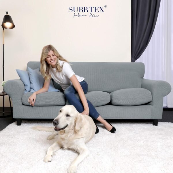 4 Piece Sofa Cover High Stretch Couch Slipcover for 3 Cushion Soft Sofa Slipcover Jacquard Fabric Furniture Covers with Elastic Bottom Machine Washable(Light Gray,Large)