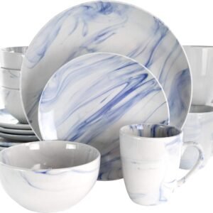 Fine Round Gloss Dinnerware Dish Set, 16 Piece, Black and White Marble