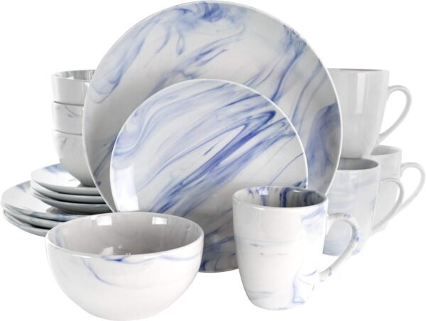 Fine Round Gloss Dinnerware Dish Set, 16 Piece, Black and White Marble