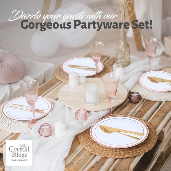 81HtO4tJqxL._AC_SL1500.jpg 60-Piece Plastic Plates Set Premium 30 Dinner Plates & 30 Salad Plates Pack, Disposable Plates for Party - White Plastic Wedding Plates with Rose Gold Rim