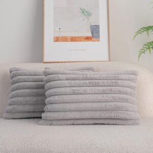 Pack of 2,Double-Sided Faux Fur Plush Decorative Throw Pillow Covers Fuzzy Striped Soft Pillowcase Cushion Covers for Sofa Couch Bedroom White 24x24 inch