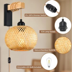 Rattan Wall Sconces Set of Two Plug in,Farmhouse Plug in Wall Sconces Hand Woven Bamboo Wall Light Fixtures with Switch,Rustic Black Wall Sconce Light Plug in Wall Lamp for Living Room Bedroom