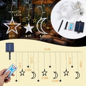 Solar Curtain Lights 138*LEDs, Star Moon Ramadan String Lights with 8 Lighting Mode, Timmer Setting, Ramadan Decorations, Waterproof Solar Powered Twinkle Hanging Fairy Lights for Outdoor