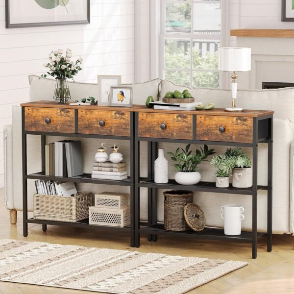 81LM544c5HL._AC_SL1500.jpg 29.5" Narrow Console Table with 2 Fabric Drawers, Small Entryway Table with 3-Tier Storage Shelves, Thin Sofa Table, Side Table, for Living Room, Hallway, Rustic Brown and Black BF72XG01
