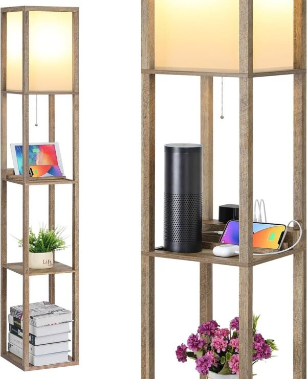 3-in-1 Shelf Floor Lamp with 1 USB&Type C&1 AC Outlet, 3-Tiered LED Shelf Lamp, Shelf & Storage Floor Lamp Combination Modern Standing Light
