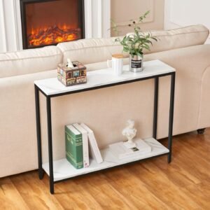 81N5w9UlpUL._AC_SL1500.jpg Console Table for Entryway, Faux Marble MDF Sofa Table with Golden Frame (Single Layer, White Marble)