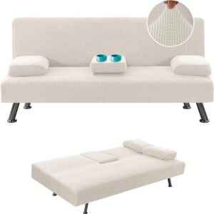 81NlLC-_WHL._AC_SL1500.jpg 4 Pieces Stretch Futon Covers Sofa Bed Slipcover with Removable Armrests and Cupholders Covers Furniture Protector High Spandex Small Checks Jacquard Fabric, Natural