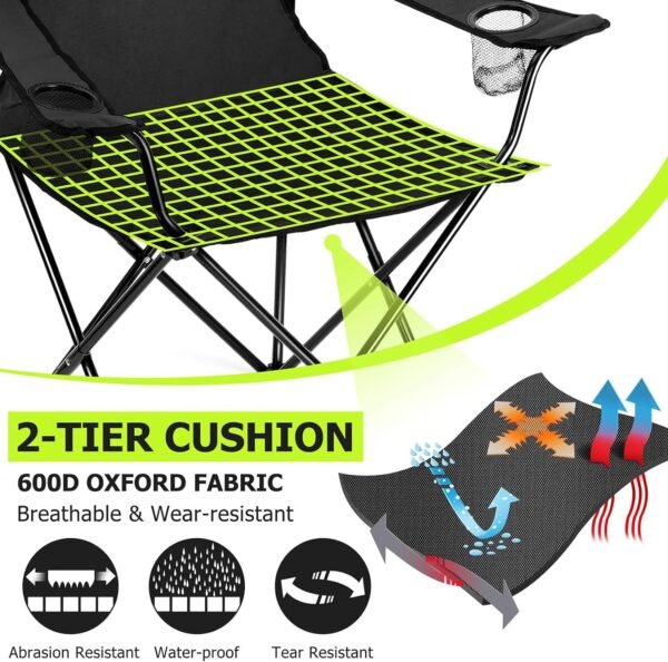 Portable Camping Chair, Large Outdoor Folding Chair for Adults, 600D Oxford Fabric Sturdy Foldable Chair for Beach, Fishing, Picnic Lawn and More Outdoor Sports, Carry Bag & Cup Holders, Black