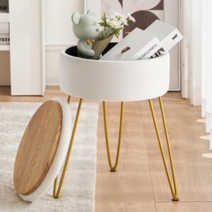 Velvet Vanity Stool Chair for Makeup Room, Beige Round Storage Ottoman, Stool for Vanity with Gold Legs, 19” Vanity Chair, Ottoman Makeup Vanity Stool Chair for Vanity, Living Room,Bedroom