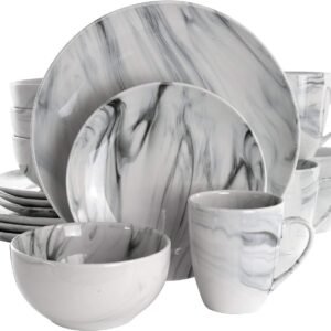 Fine Round Gloss Dinnerware Dish Set, 16 Piece, Black and White Marble