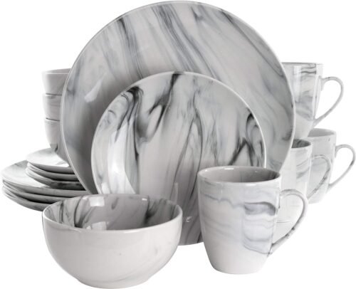 Fine Round Gloss Dinnerware Dish Set, 16 Piece, Black and White Marble