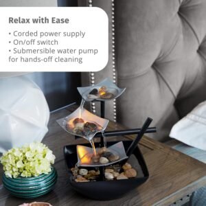 Tabletop Water Fountain, Home Décor Soothing Sound Machine - Automatic Pump, Deep Basin & Natural River Rocks. Indoor Zen Relaxation for Office, Living Room, or Bedroom, 8.25” Tall