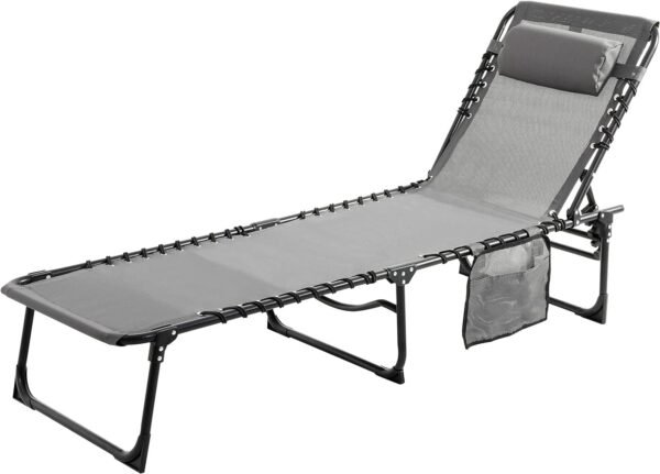 81WO8DV3wAL._AC_SL1500.jpg Outdoor Foldable Chaise Lounge Chair with Detachable Pillow & Pocket, Portable Tanning Chair with 4 Position Adjustable Back, Patio, Beach and Pool, Grey