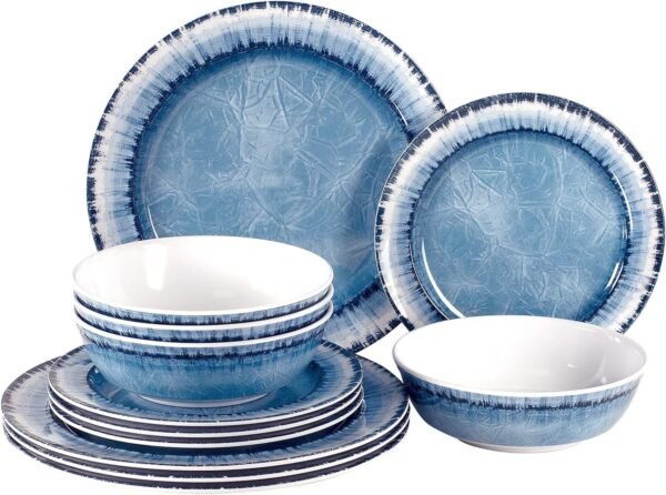 Melamine Dinnerware Set of 12 Pcs Dinner Dishes Set for Indoor and Outdoor Use, Dishwasher Safe, Lightweight Unbreakable, BPA Free, Light Blue