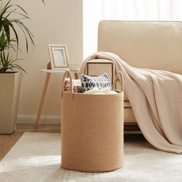 81YTTr-weGL._AC_SL1500.jpg 72L Large Woven Laundry Hamper, Tall Cotton Rope Storage Basket, Jute Baby Nursery Hamper for Blankets, Toys and Clothes in Bedroom and Living Room Organizing, Jute