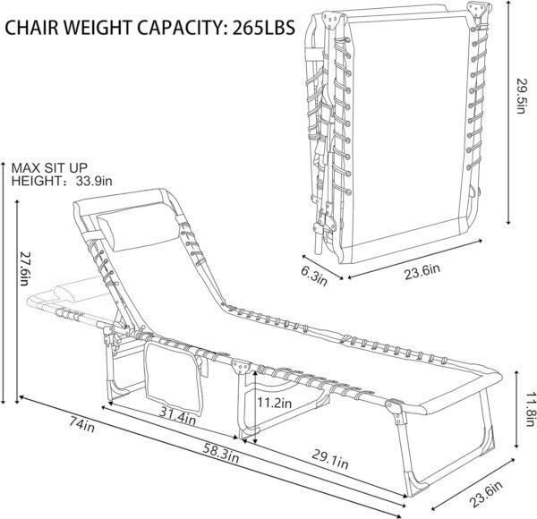 81YZhHeRftL._AC_SL1500.jpg Outdoor Foldable Chaise Lounge Chair with Detachable Pillow & Pocket, Portable Tanning Chair with 4 Position Adjustable Back, Patio, Beach and Pool, Grey