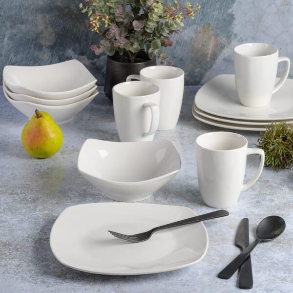 Porcelain Chip and Scratch Resistant Dinnerware set, Service for 4 (12pcs), White (Soft Square)