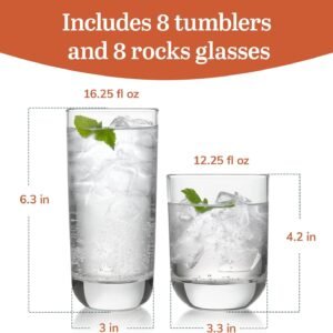 16-Piece Tumblers and Rocks Glass Set, Drinkware Glasses Set of 15.2 Oz Tumbler & 11.1 Oz Rock Glasses, Clear Drinking Glasses Set of 16