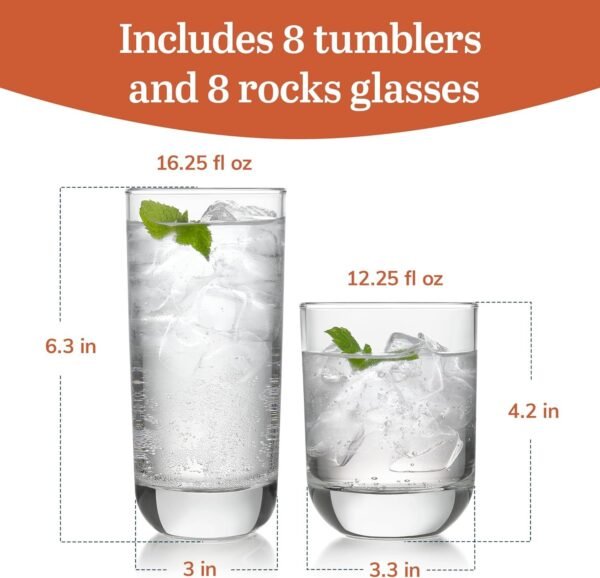 16-Piece Tumblers and Rocks Glass Set, Drinkware Glasses Set of 15.2 Oz Tumbler & 11.1 Oz Rock Glasses, Clear Drinking Glasses Set of 16