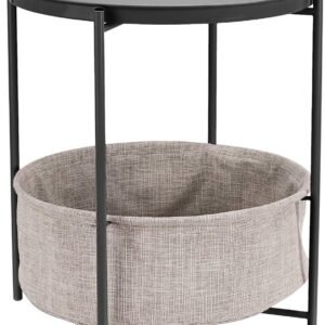 Round Storage End Table, Side Table with Cloth Basket, Charcoal/Heather Gray, 17.7 x 17.7 x 18.9 in