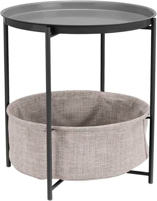 Round Storage End Table, Side Table with Cloth Basket, Charcoal/Heather Gray, 17.7 x 17.7 x 18.9 in