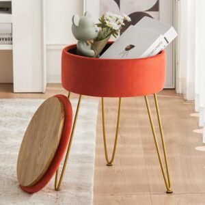 Velvet Vanity Stool Chair for Makeup Room, Beige Round Storage Ottoman, Stool for Vanity with Gold Legs, 19” Vanity Chair, Ottoman Makeup Vanity Stool Chair for Vanity, Living Room,Bedroom