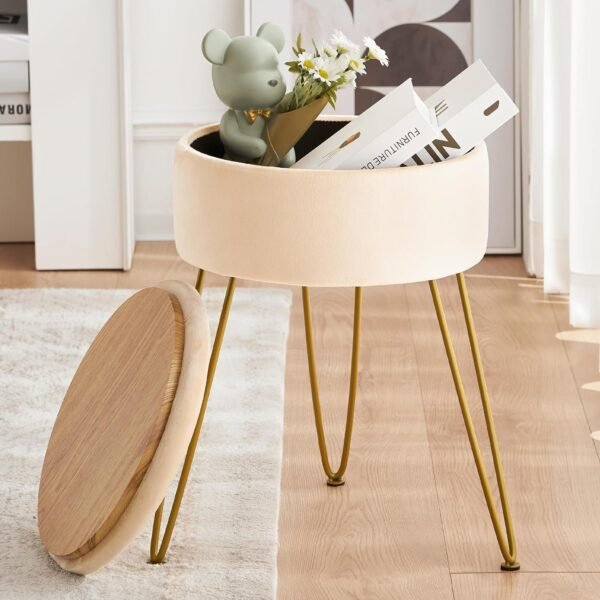 Velvet Vanity Stool Chair for Makeup Room, Beige Round Storage Ottoman, Stool for Vanity with Gold Legs, 19” Vanity Chair, Ottoman Makeup Vanity Stool Chair for Vanity, Living Room,Bedroom