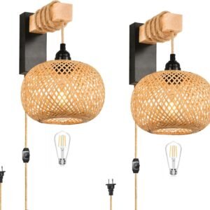 Rattan Wall Sconces Set of Two Plug in,Farmhouse Plug in Wall Sconces Hand Woven Bamboo Wall Light Fixtures with Switch,Rustic Black Wall Sconce Light Plug in Wall Lamp for Living Room Bedroom