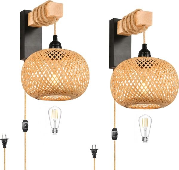 Rattan Wall Sconces Set of Two Plug in,Farmhouse Plug in Wall Sconces Hand Woven Bamboo Wall Light Fixtures with Switch,Rustic Black Wall Sconce Light Plug in Wall Lamp for Living Room Bedroom