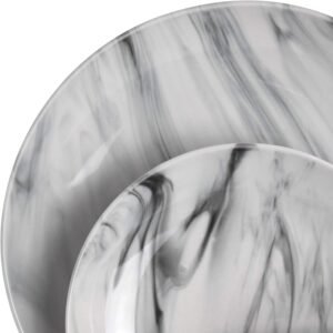 Fine Round Gloss Dinnerware Dish Set, 16 Piece, Black and White Marble