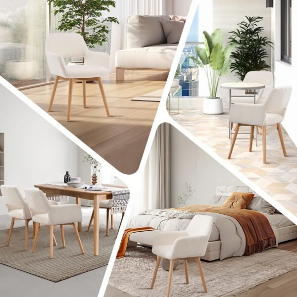 Modern Dining Chairs Kitchen Chair Accent Chair for Living Dining Room Arm Chairs Club Guest with Solid Wood Legs Living Room Chair (Set of 1, Wool White)