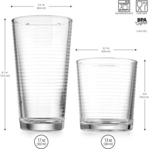 Drinking Glasses 16 Piece Set, 8-17 Oz. Highball Glasses, 8-13 Oz. Whiskey Rocks, Ideal for Water, Juice, Cocktails, and Iced Tea. Dishwasher safe