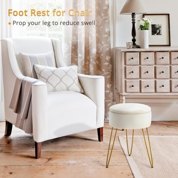 Velvet Vanity Stool Chair for Makeup Room, Beige Round Storage Ottoman, Stool for Vanity with Gold Legs, 19” Vanity Chair, Ottoman Makeup Vanity Stool Chair for Vanity, Living Room,Bedroom
