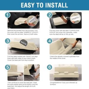 81adcXJ7ZPL._AC_SL1500.jpg 4 Pieces Stretch Futon Covers Sofa Bed Slipcover with Removable Armrests and Cupholders Covers Furniture Protector High Spandex Small Checks Jacquard Fabric, Natural