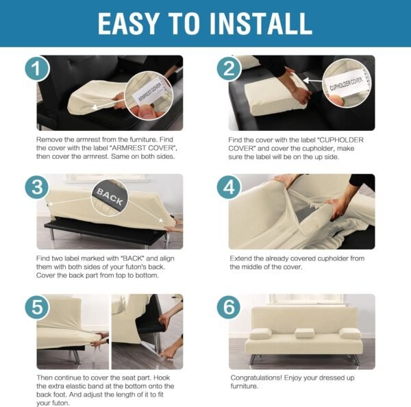 81adcXJ7ZPL._AC_SL1500.jpg 4 Pieces Stretch Futon Covers Sofa Bed Slipcover with Removable Armrests and Cupholders Covers Furniture Protector High Spandex Small Checks Jacquard Fabric, Natural