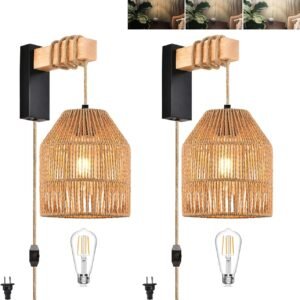 Rattan Wall Sconces Set of Two Plug in,Farmhouse Plug in Wall Sconces Hand Woven Bamboo Wall Light Fixtures with Switch,Rustic Black Wall Sconce Light Plug in Wall Lamp for Living Room Bedroom