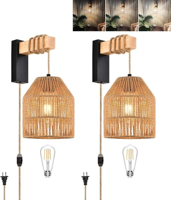 Rattan Wall Sconces Set of Two Plug in,Farmhouse Plug in Wall Sconces Hand Woven Bamboo Wall Light Fixtures with Switch,Rustic Black Wall Sconce Light Plug in Wall Lamp for Living Room Bedroom