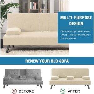 81ccyER0cdL._AC_SL1500.jpg 4 Pieces Stretch Futon Covers Sofa Bed Slipcover with Removable Armrests and Cupholders Covers Furniture Protector High Spandex Small Checks Jacquard Fabric, Natural
