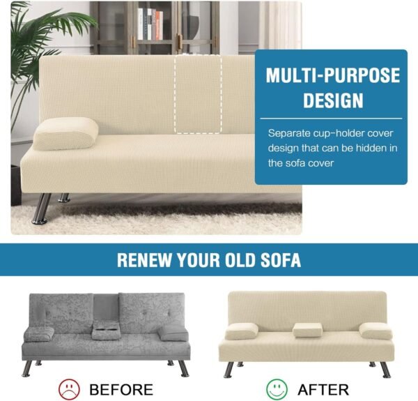 81ccyER0cdL._AC_SL1500.jpg 4 Pieces Stretch Futon Covers Sofa Bed Slipcover with Removable Armrests and Cupholders Covers Furniture Protector High Spandex Small Checks Jacquard Fabric, Natural