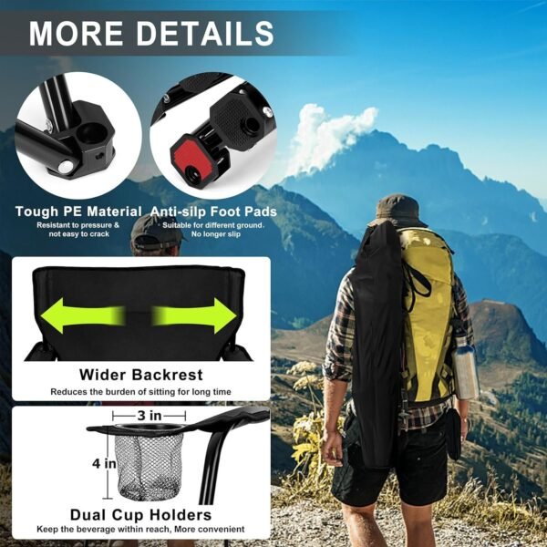 Portable Camping Chair, Large Outdoor Folding Chair for Adults, 600D Oxford Fabric Sturdy Foldable Chair for Beach, Fishing, Picnic Lawn and More Outdoor Sports, Carry Bag & Cup Holders, Black