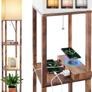 Floor Lamp with Shelves, Shelf Lamps with 3 Color Temperature LED Bulb,Storage Wood Texture Modern, Display Standing Lamp for Living Room,Office, Bedroom