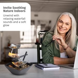 Tabletop Water Fountain, Home Décor Soothing Sound Machine - Automatic Pump, Deep Basin & Natural River Rocks. Indoor Zen Relaxation for Office, Living Room, or Bedroom, 8.25” Tall